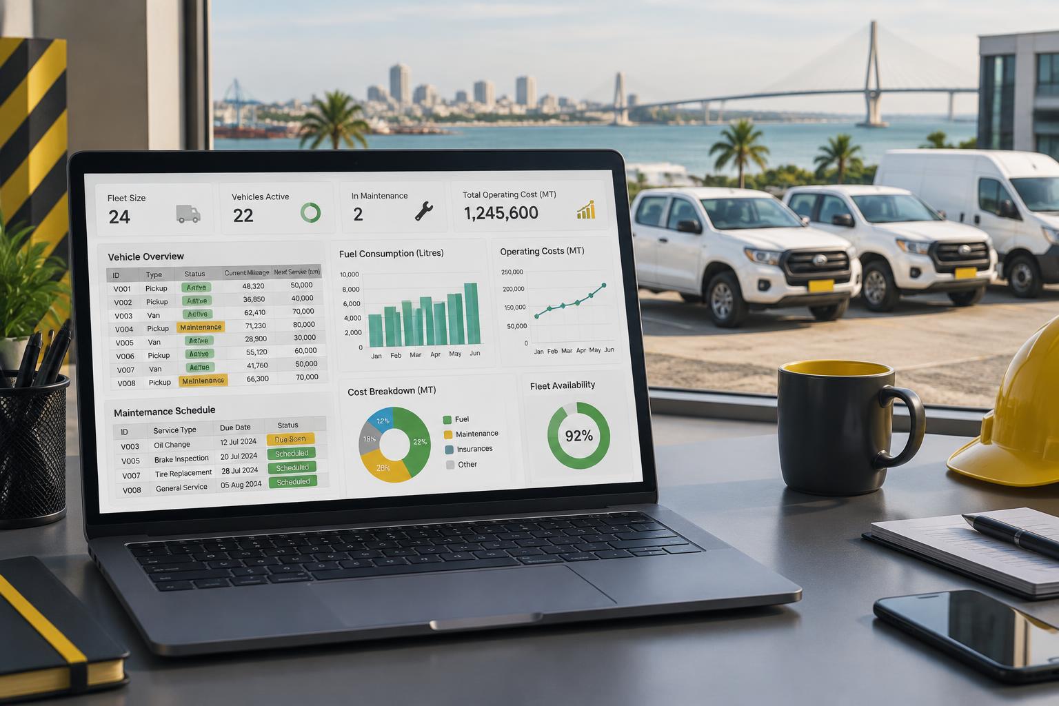 Painel da planilha Frota Control Pro com indicadores de viaturas, combustível e manutenção